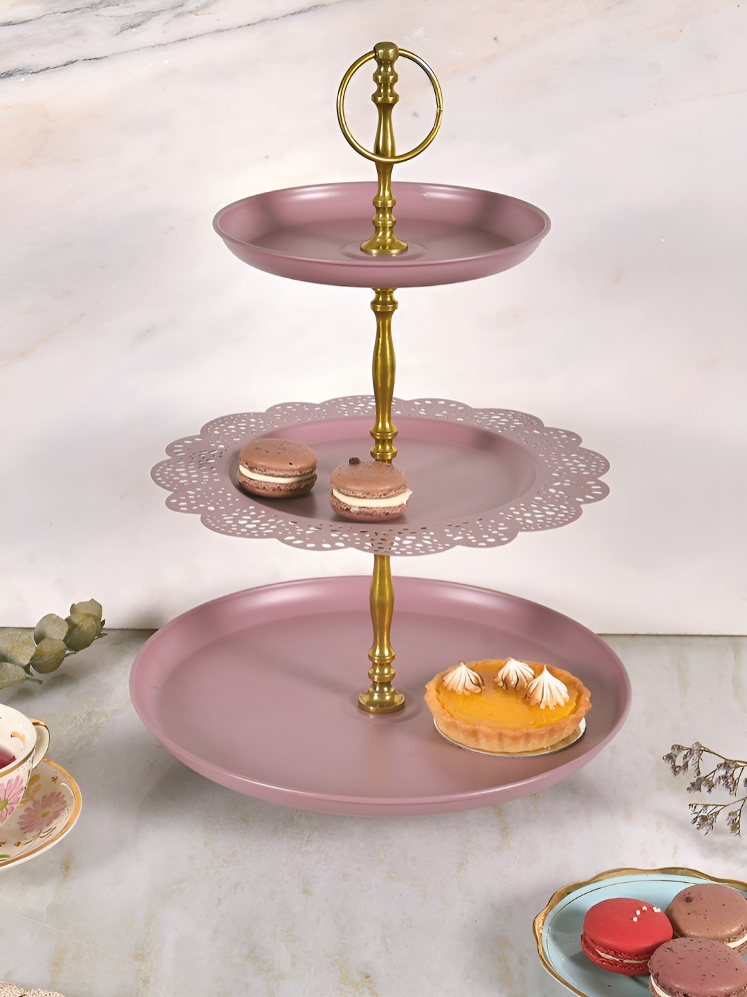 

Living With Elan Flourish Mauve & Gold-Toned 3 Tier Round Cake Stand