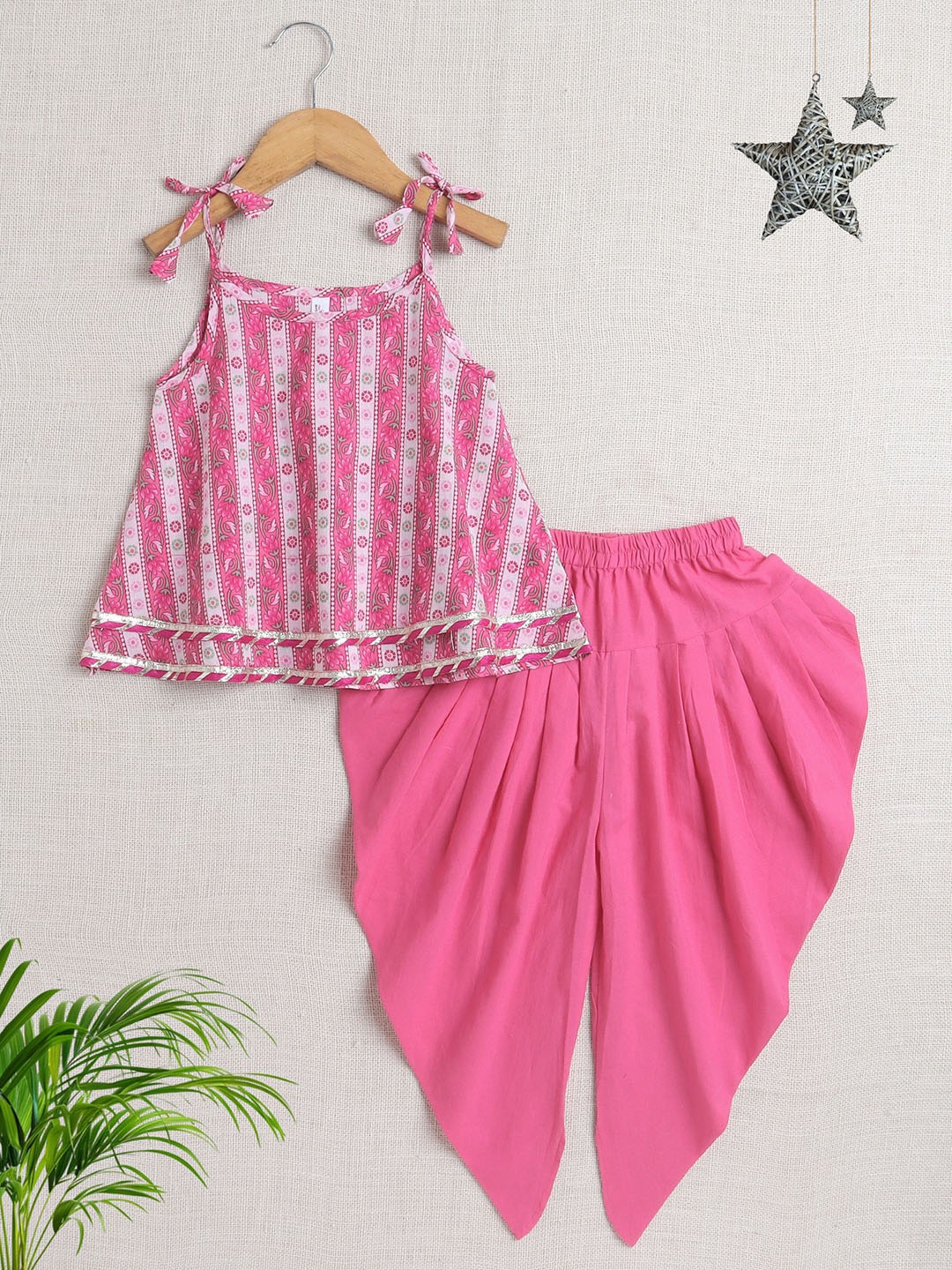 

The Magic Wand Girls Floral Printed Gotta Patti Pure Cotton A-Line Kurta with Dhoti Pants, Pink