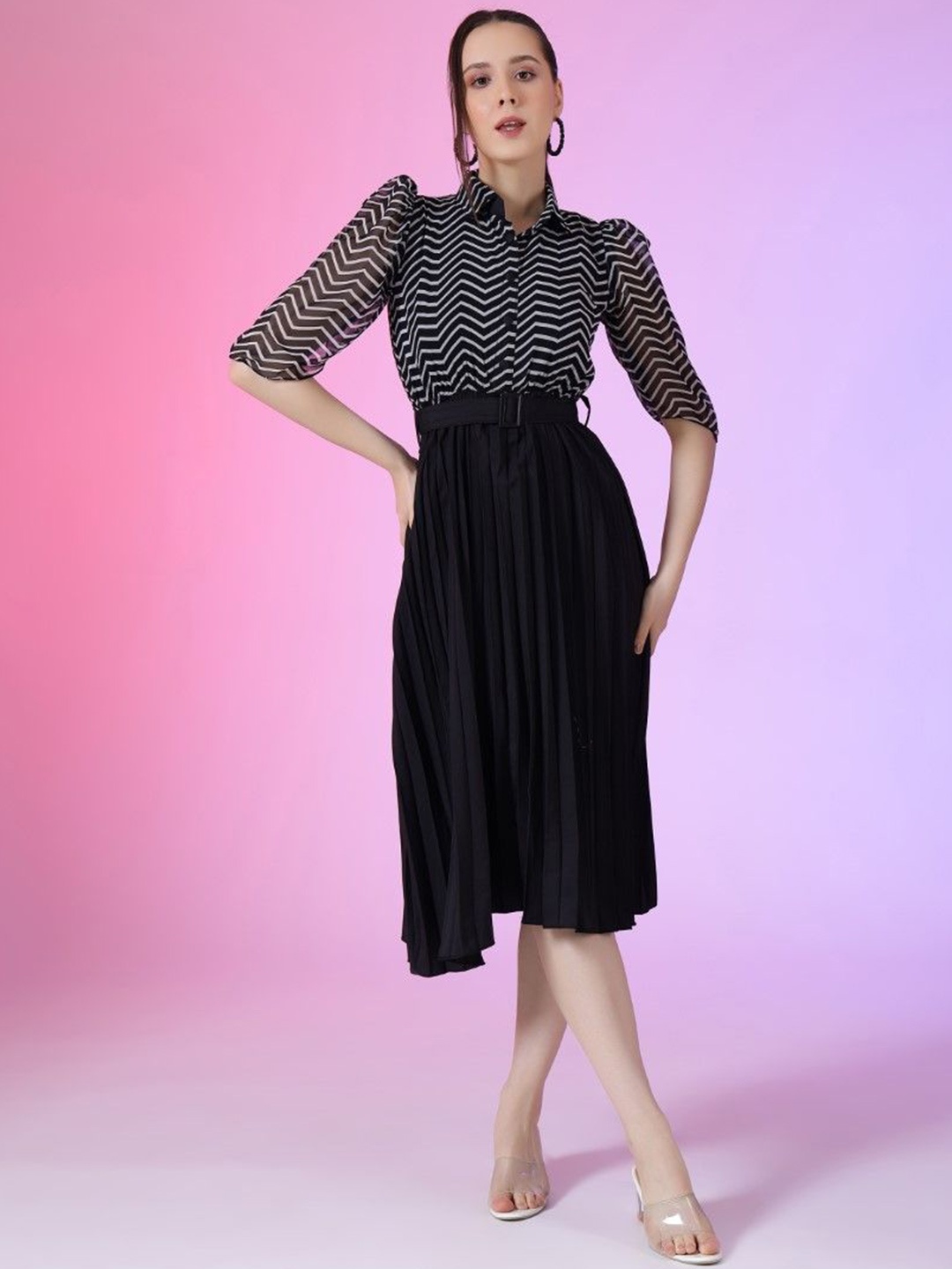 

Femvy Print Puff Sleeve Applique Georgette Fit & Flare Maxi Dress, Black