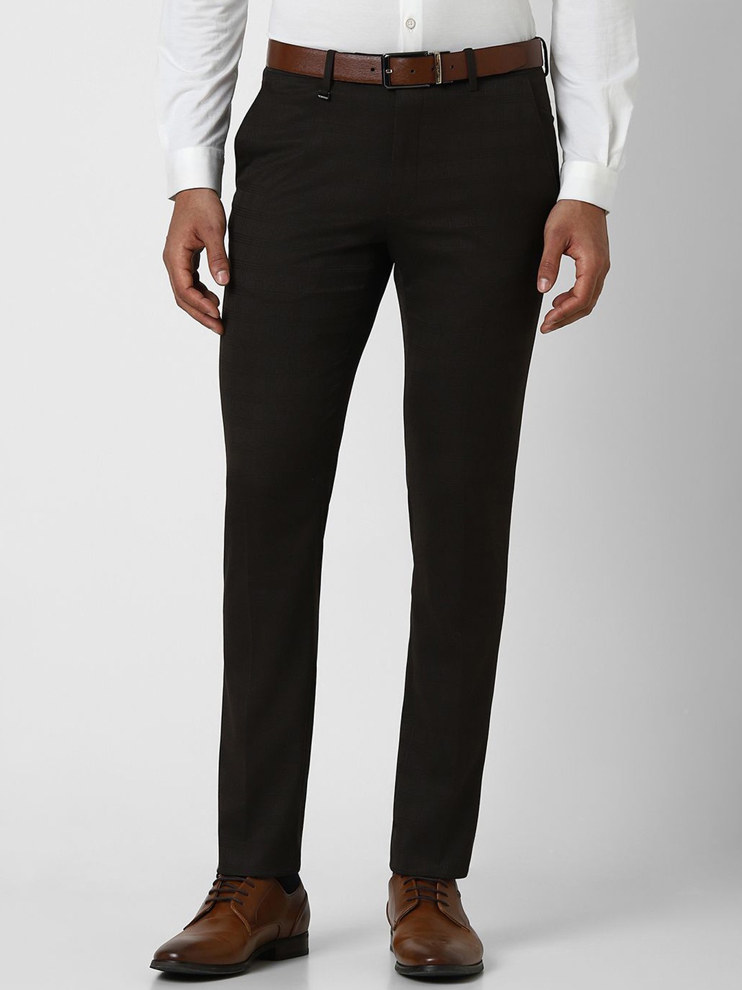 

Van Heusen Men Solid Checked Slim Fit Trousers, Brown