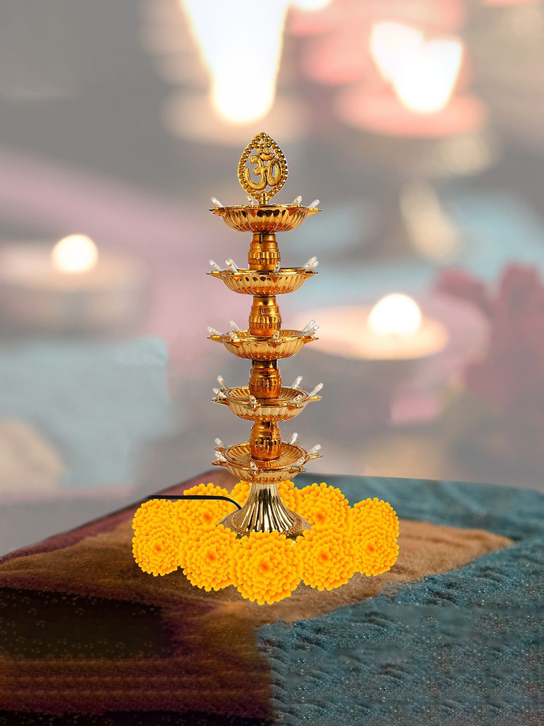 

Kuber Industries Gold Toned 4 Pieces LED 5-Layer Diya Stand for Mandir With Om Design
