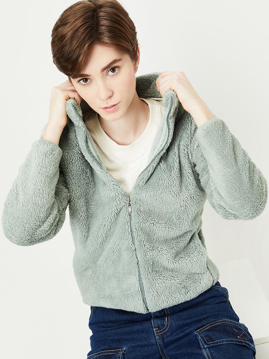 

max Women Mock Collar Self Design Casual Open Front Jacket, Green