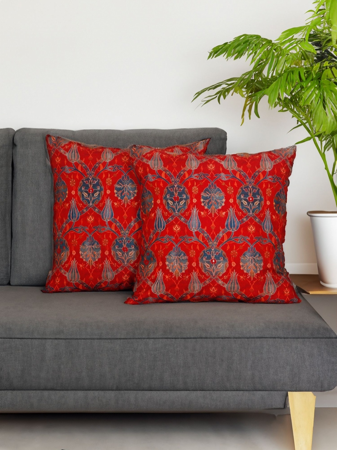 

ZEBA Red & Grey 2 Pieces Floral Embroidered Square Cushion Covers