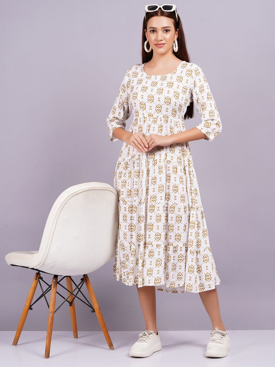 

KALINI Women Geometric Print Fit & Flare Midi Dress, White