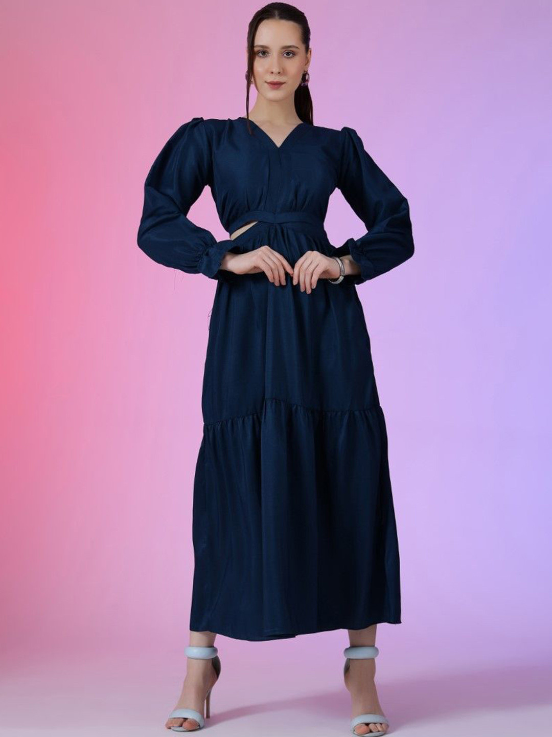 

Femvy Women V-Neck Puff Sleeves Cut-Outs Fit & Flare Maxi Dress, Blue