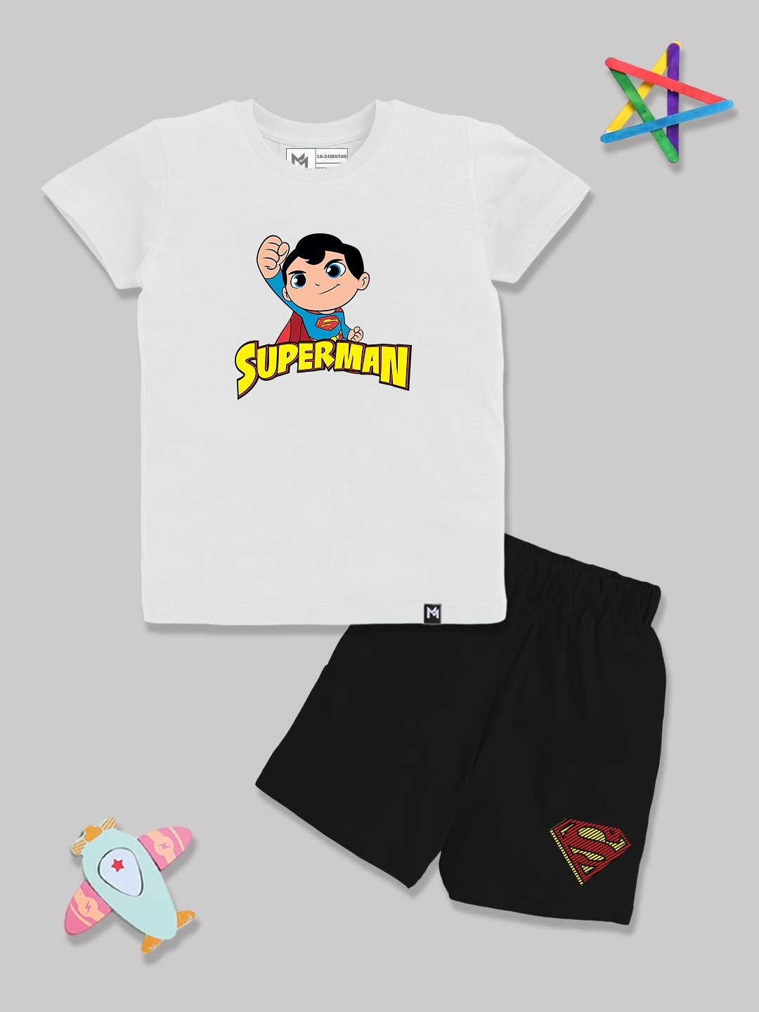 

YK X Minute Mirth Infant Boys Superman Printed Pure Cotton T-shirt with Shorts, White