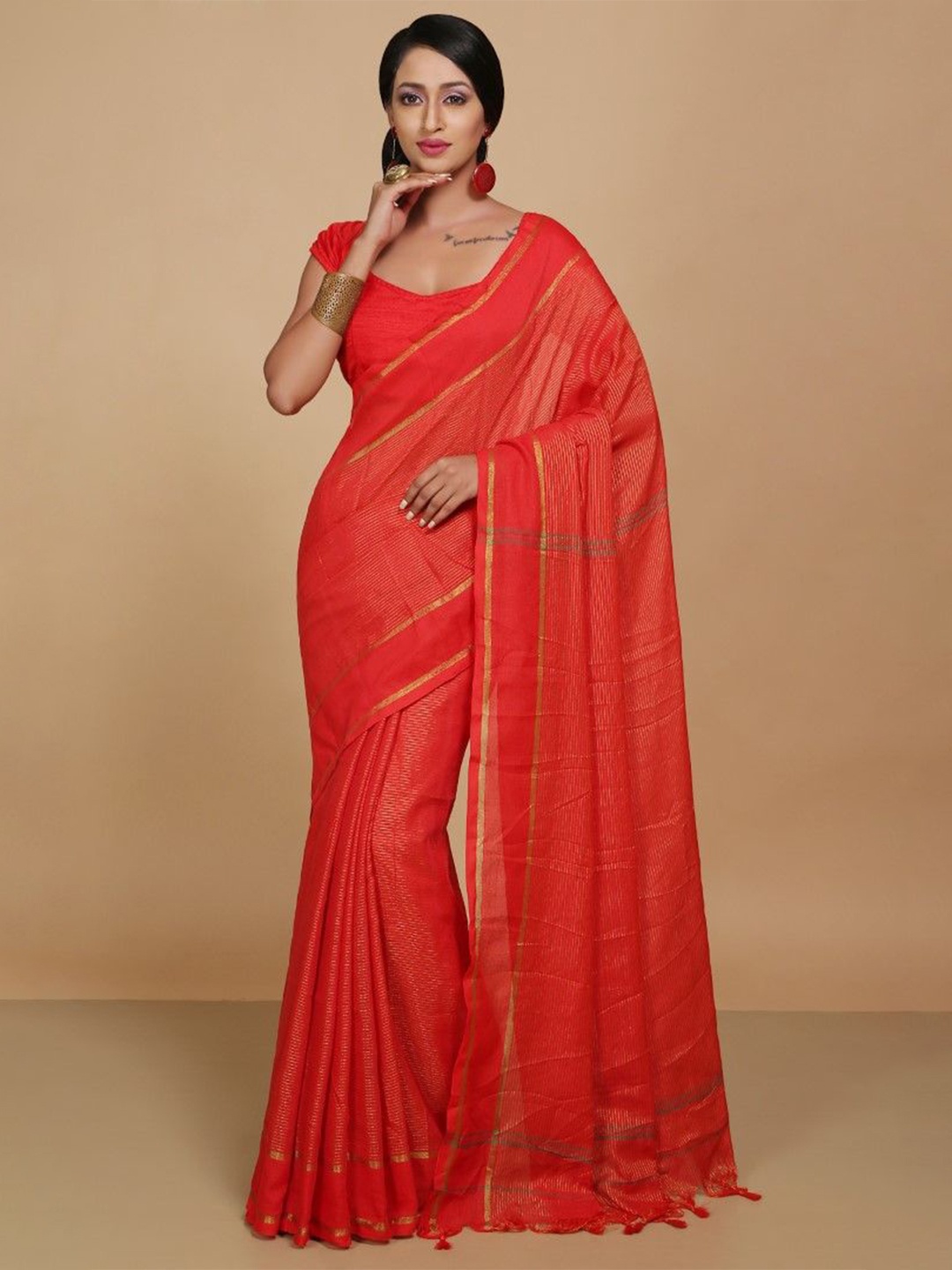 

BENGAL HANDLOOM Zari Art Silk Taant Saree, Orange