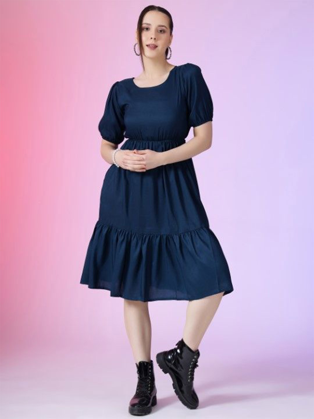 

Raiyani Enterprise Solid Fit & Flare Midi Tiered Dress, Navy blue