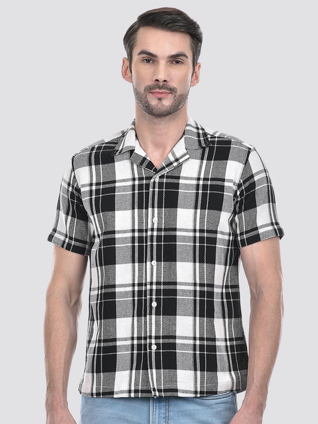 

Numero Uno Men Cuban Collar Windowpane Checked Cotton Casual Shirt, Black