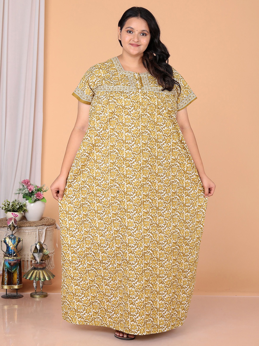 

JAIPZZ APPARELS Women Floral Printed Pure Cotton Plus Size Maxi Nightdress, Olive