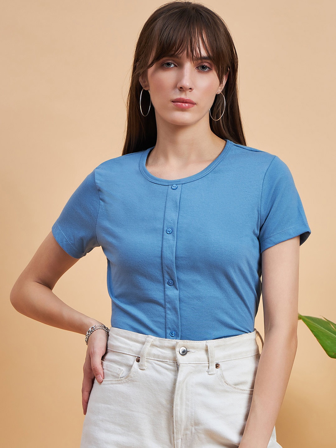 

MINT STREET Women Blue Printed Mandarin Collar Pockets T-shirt