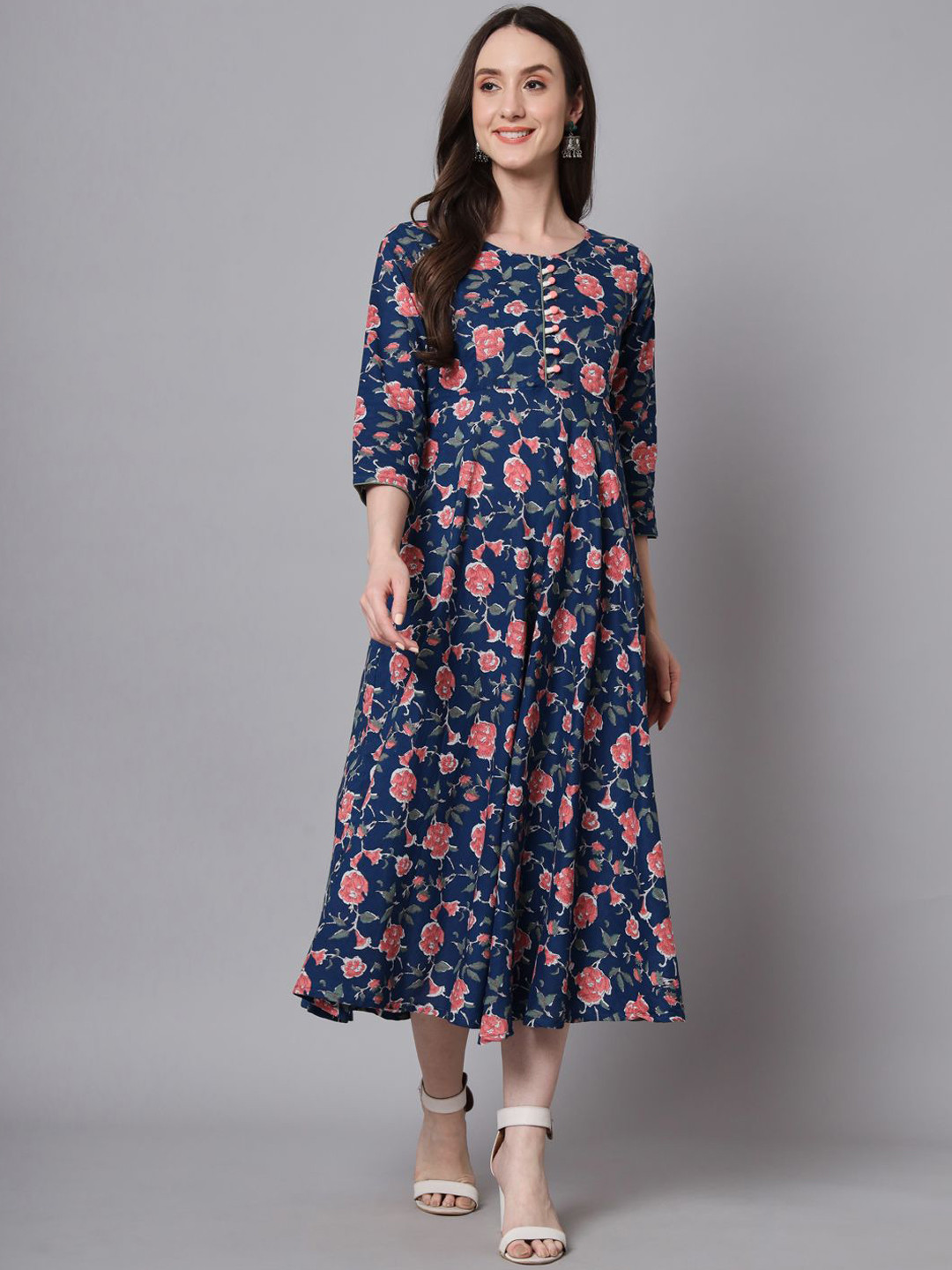 

Anouk Floral Printed Round Neck Cotton Ethnic Dress, Blue