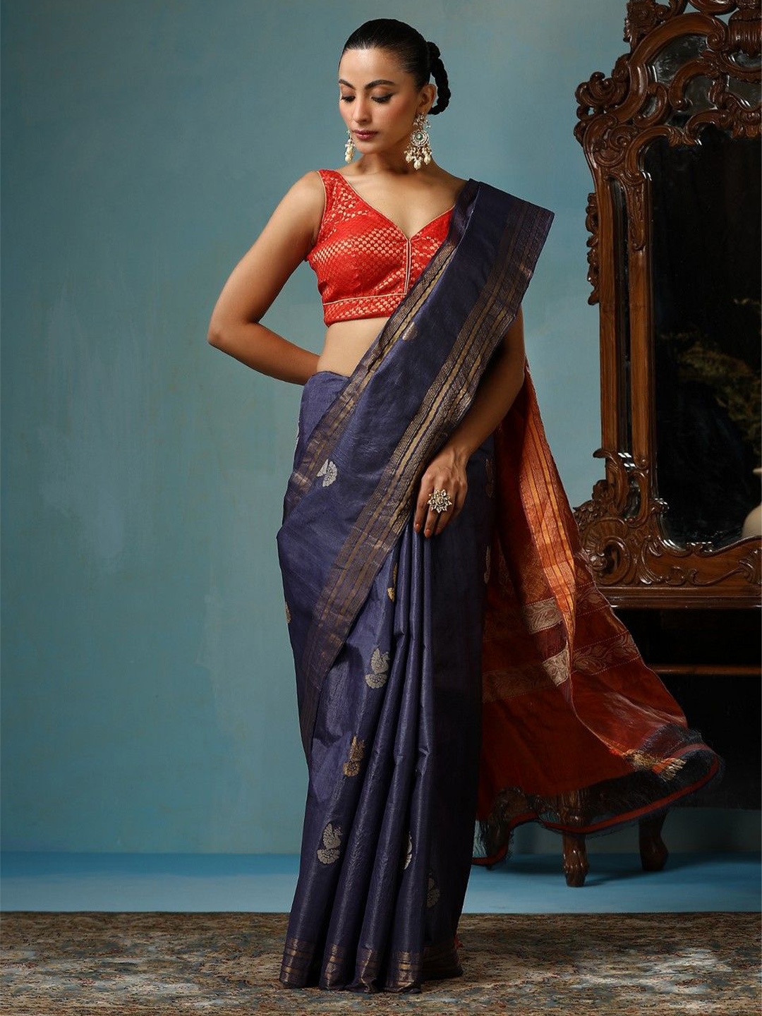 

DUSALA INDIA Woven Design Zari Silk Cotton Saree, Navy blue