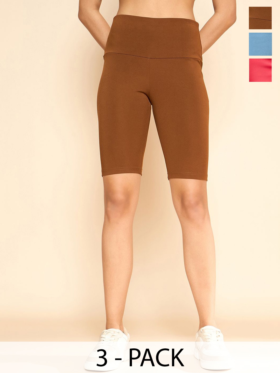 

COLOR CAPITAL Women Pack Of 3 Above Knee Length Cycling Tights, Brown
