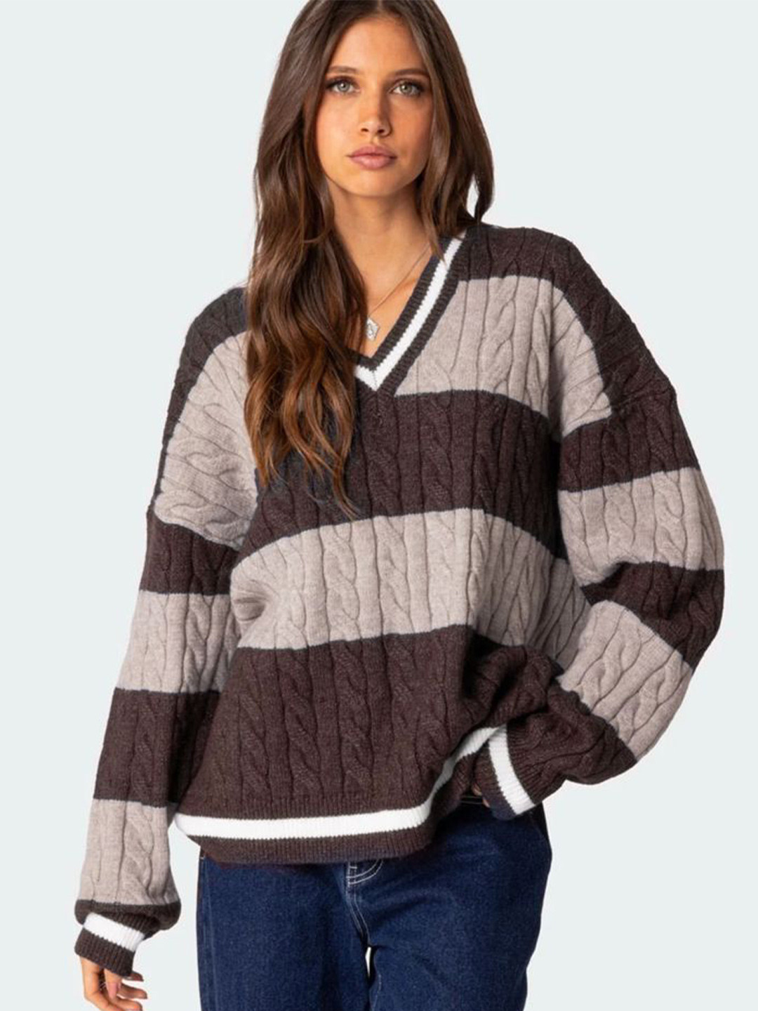 

LULU & SKY Women Striped V-Neck Cotton Pullover Sweater, Brown