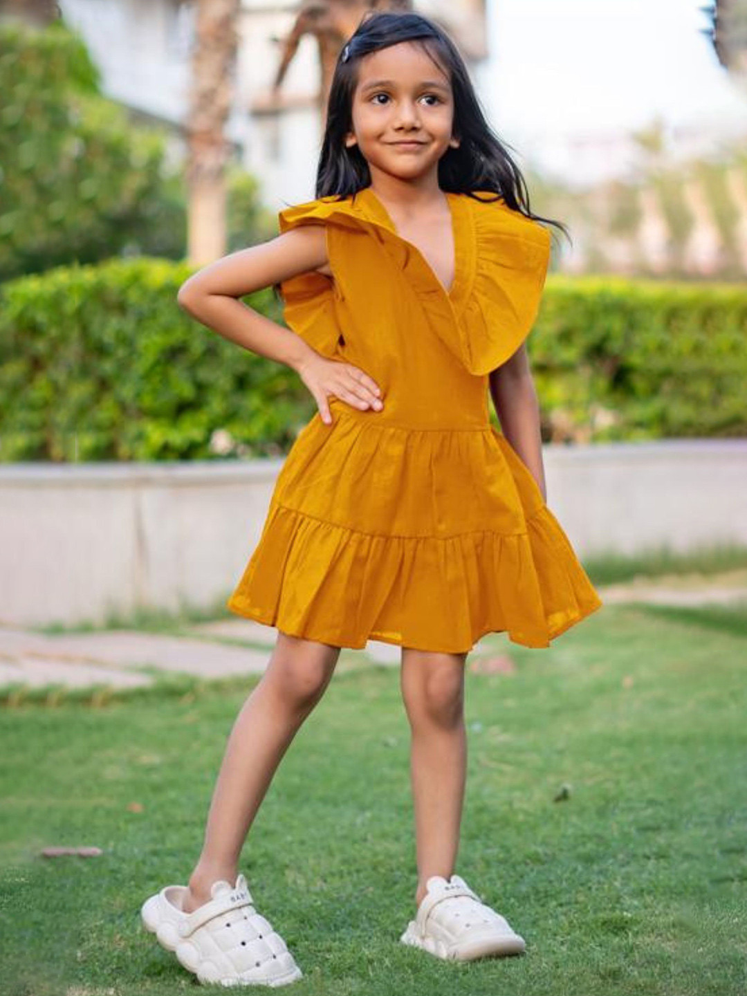 

Peekaaboo Kids Girls V-Neck Ruffled Fit & Flare Dress, Mustard