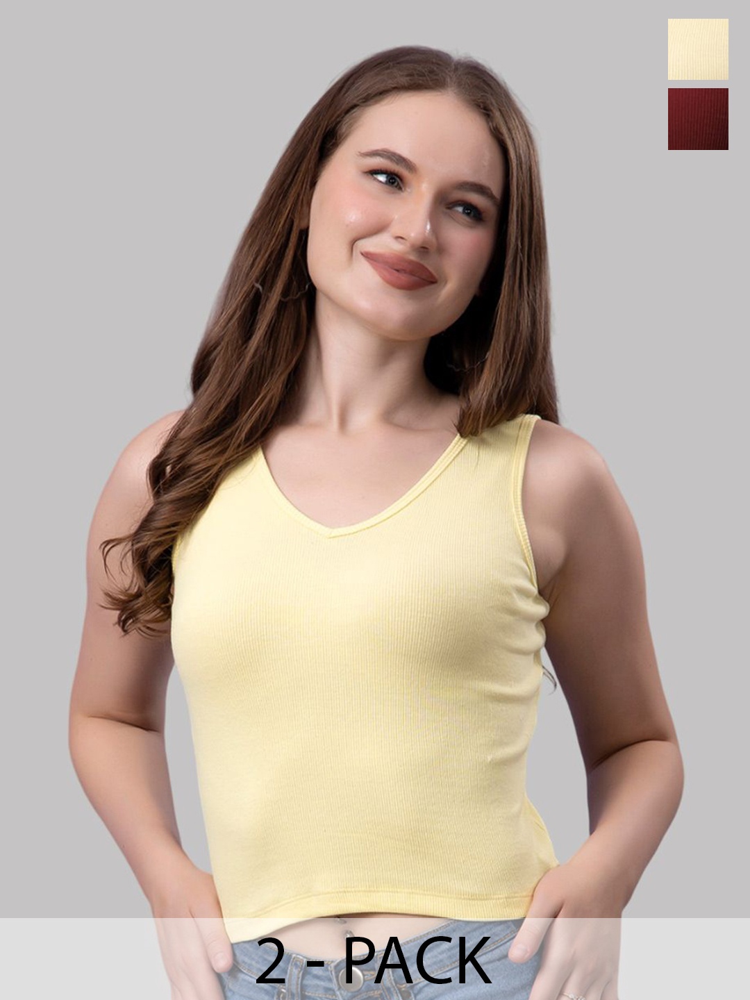 

Friskers Women Pack Of 2 Solid V-Neck Cotton Tops, Yellow