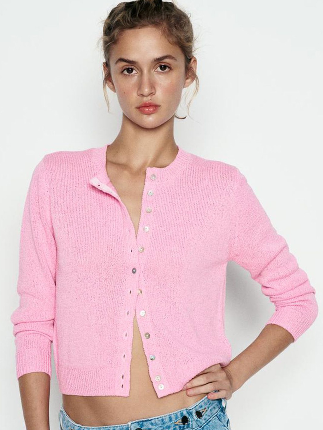 

LULU & SKY Women Solid Round Neck Cardigan Sweater, Pink