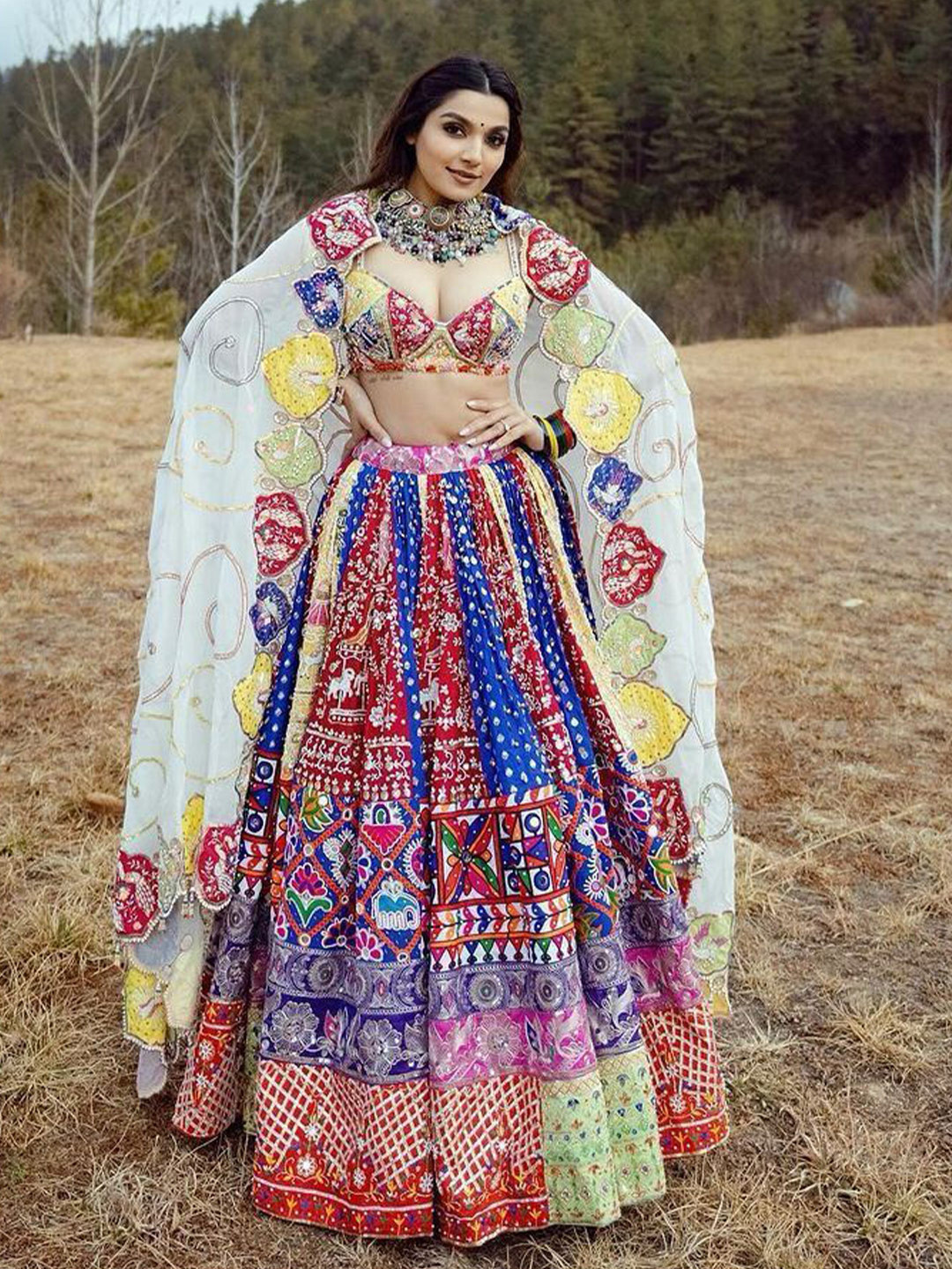 

MAHALASA Printed Mirror Work Ready to Wear Lehenga & Unstitched Blouse With Dupatta, Blue