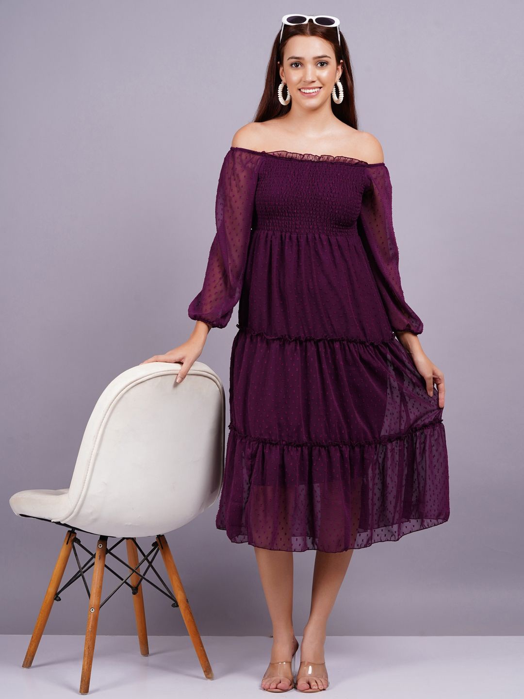 

KALINI Women Self-Design Off-Shoulder Puff Sleeves Fit & Flare Midi Dress, Purple