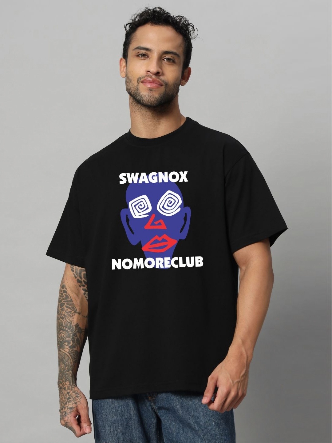 

SWAGNOX Men Typography Printed Round Neck Cotton Oversized T-shirt, Black