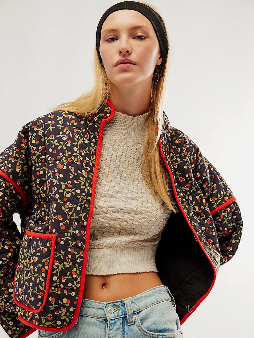 

LULU & SKY Women Stand Collar Floral Printed Casual Padded Jacket, Black