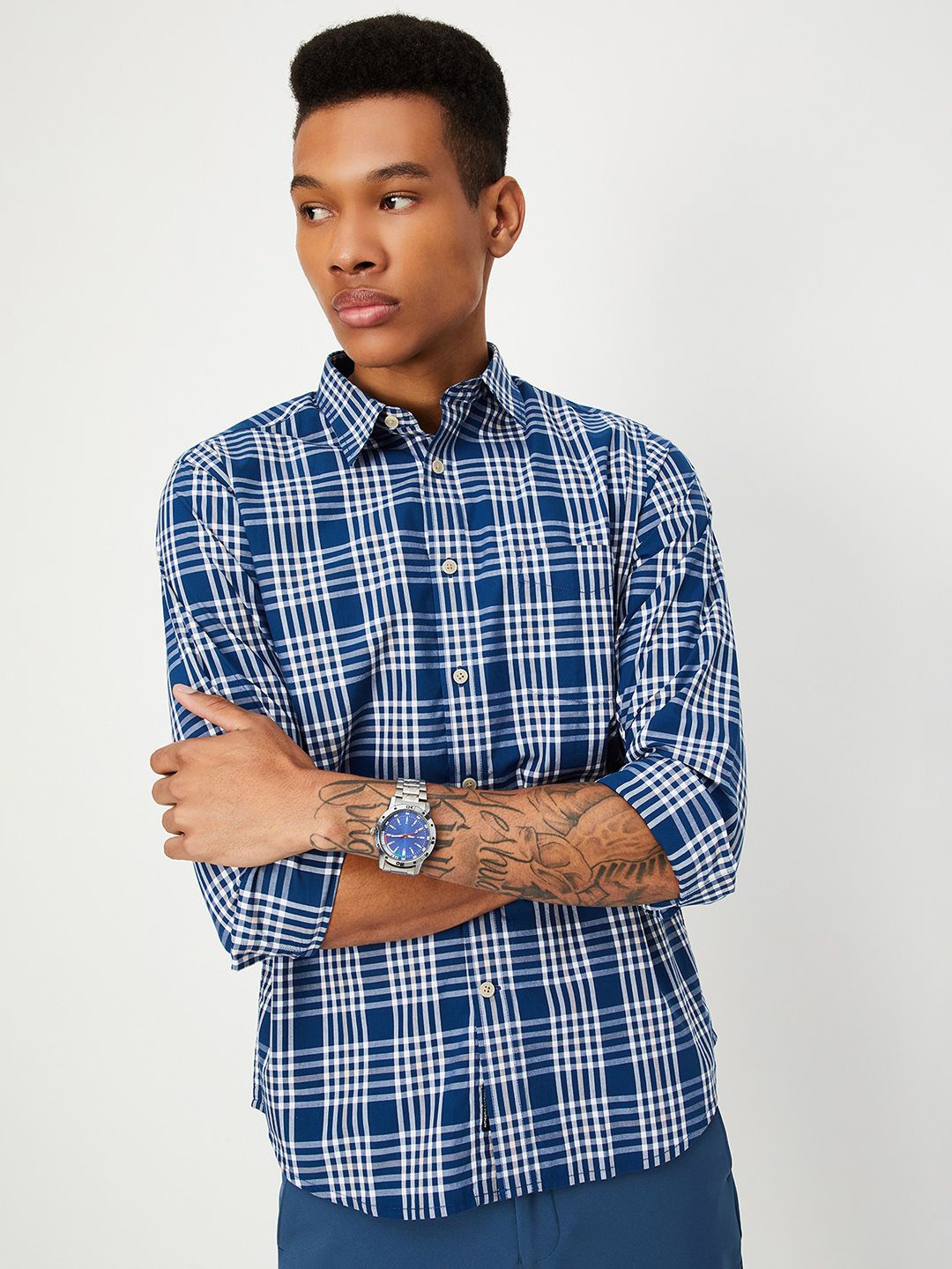 

max Men Spread Collar Tartan Checked Cotton Casual Shirt, Navy blue