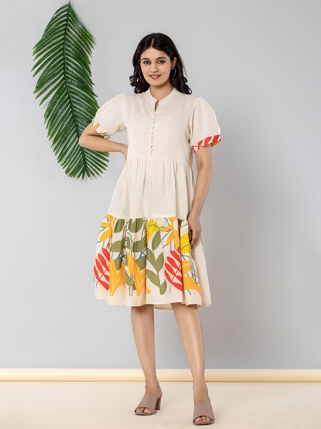 

JAIPURI BUNAAI Batwing Sleeve Applique Drop-Waist Dress, Off white