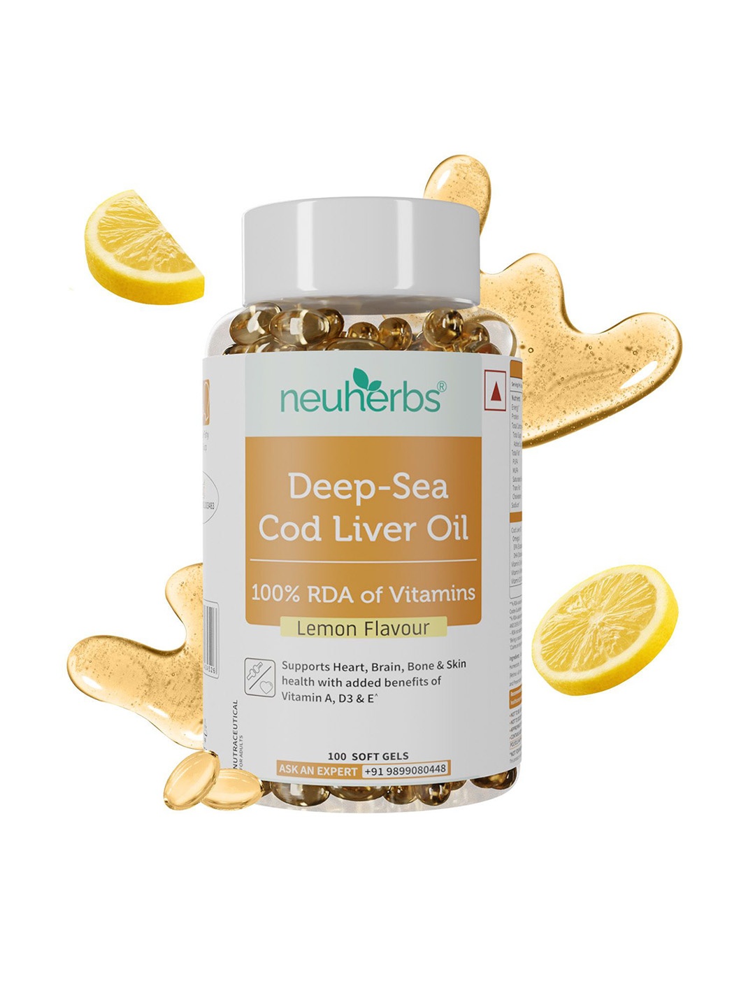 

Neuherbs Deep Sea Cod Liver Oil - 100 Soft Gels - Lemon Flavor, Orange