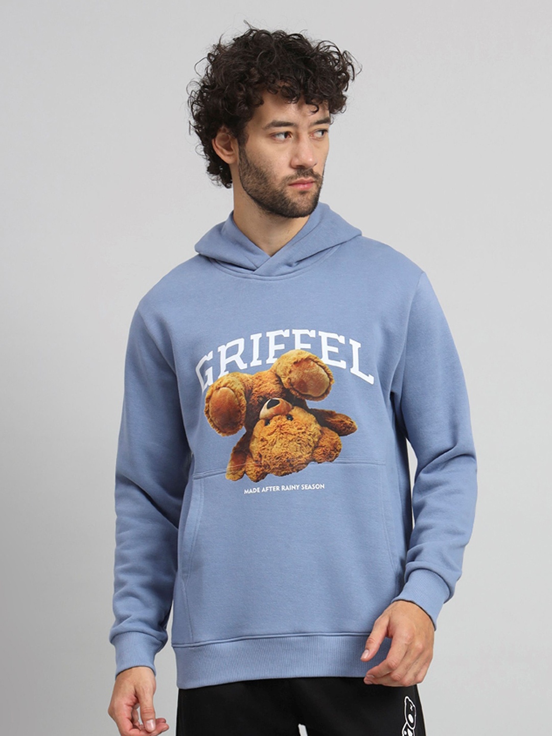 

GRIFFEL Men Graphic Printed Hood Fleece Pullover Sweatshirt, Blue