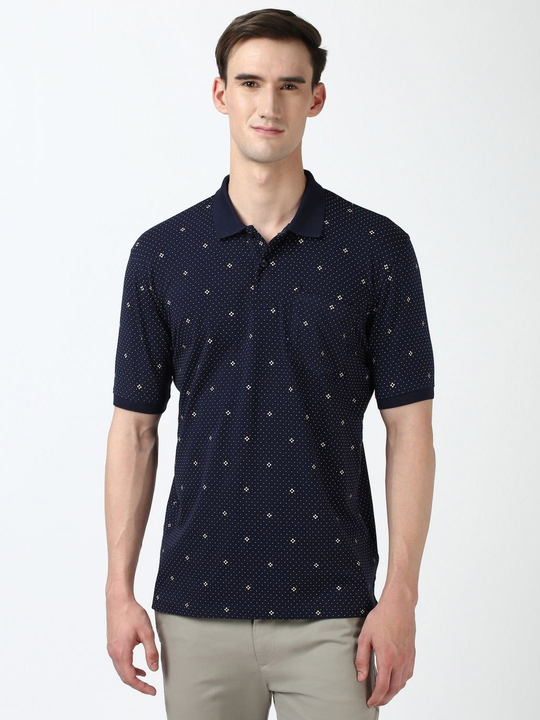 

Peter England Men Geometric Printed Polo Collar Cotton T-shirt, Navy blue
