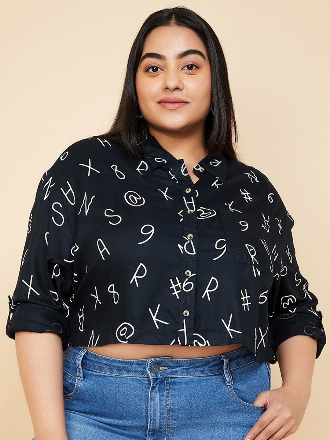 

max Women Spread Collar Typography Printed Casual Shirt, Black