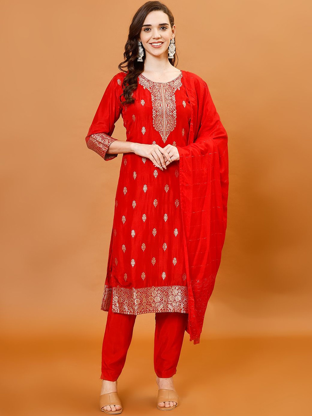 

Meena Bazaar Floral Woven Design Straight Kurta with Trousers & Dupatta, Red