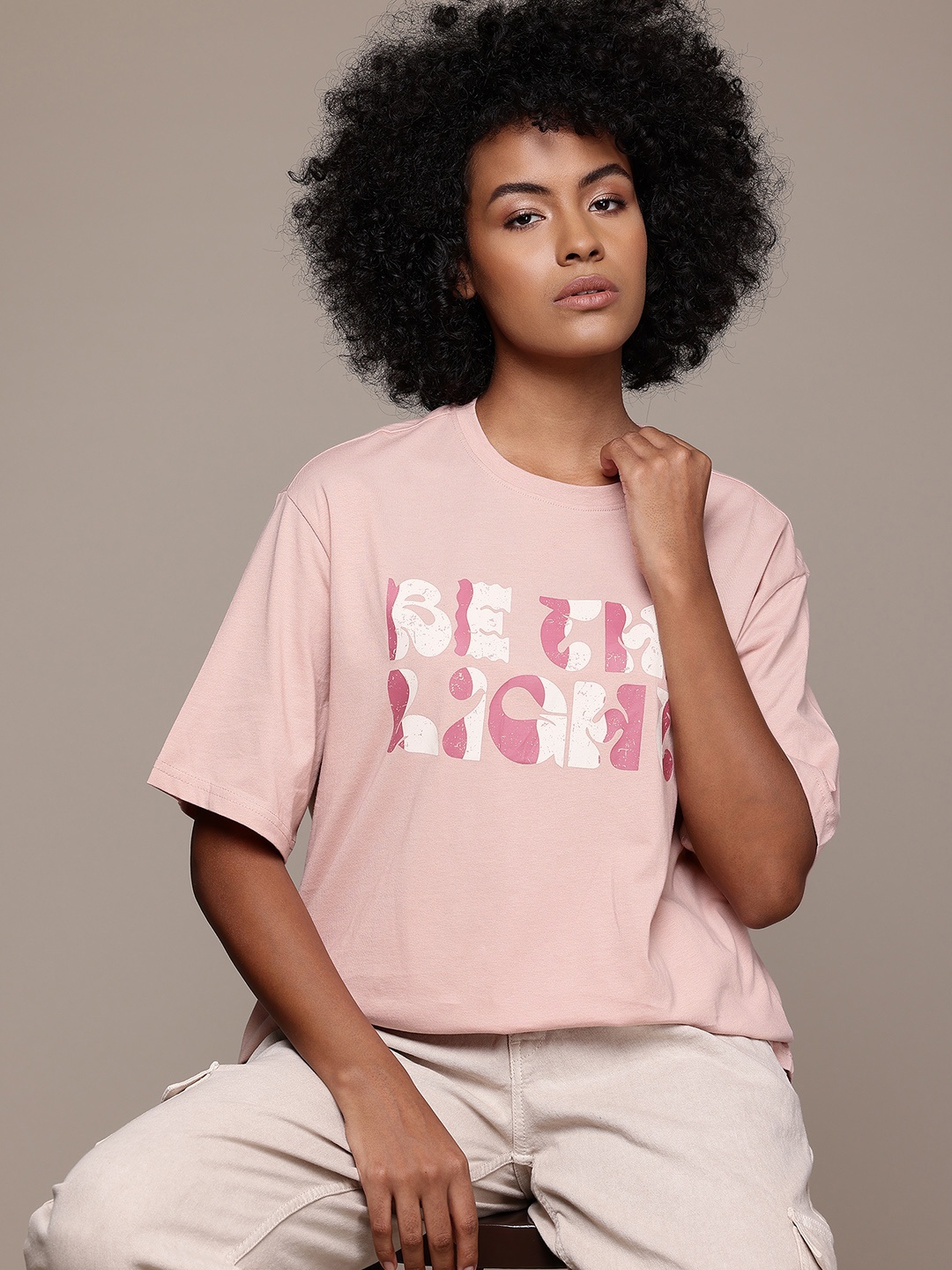 

The Roadster Lifestyle Co. Printed Drop-Shoulder Relaxed Fit Pure Cotton T-shirt, Pink