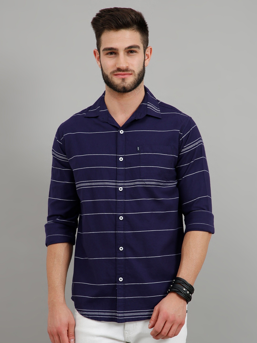 

Rope Men Standard Spread Collar Horizontal Striped Cotton Slim Fit Casual Shirt, Navy blue