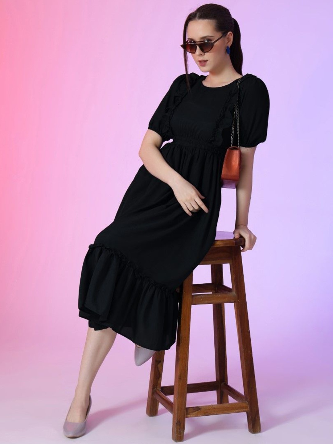 

Femvy Women solid Puff Sleeve Applique Fit & Flare Dress, Black