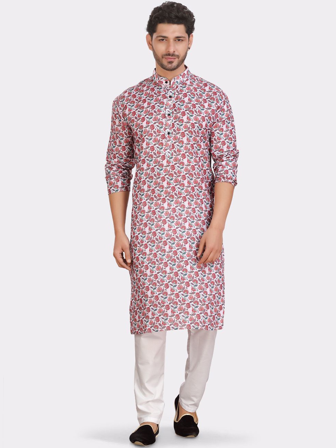 

ENCINO Floral Printed Band Collar Straight Kurta, Peach