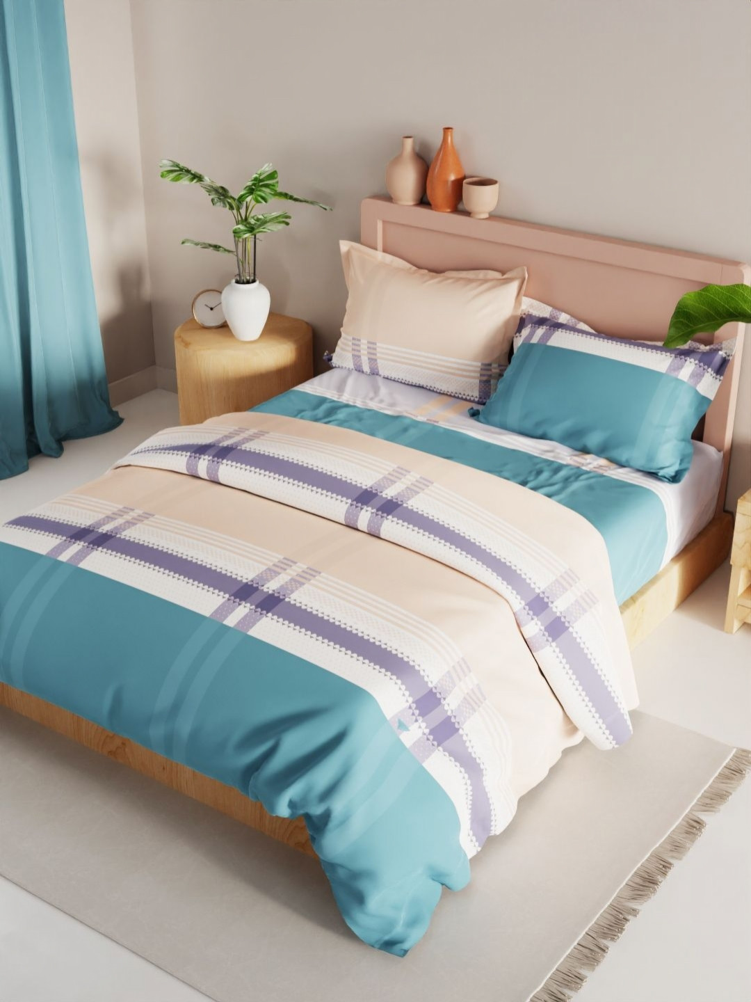 

KOPA White and Beige 4 Piece Geometric Printed Microfiber Double Queen Regular Bedding Set