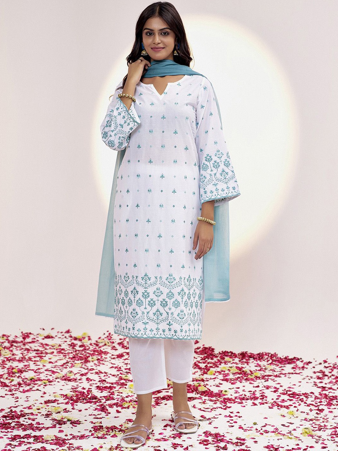 

Jaipur Kurti Floral Embroidered Pure Cotton Straight Kurta With Trousers & Dupatta, White