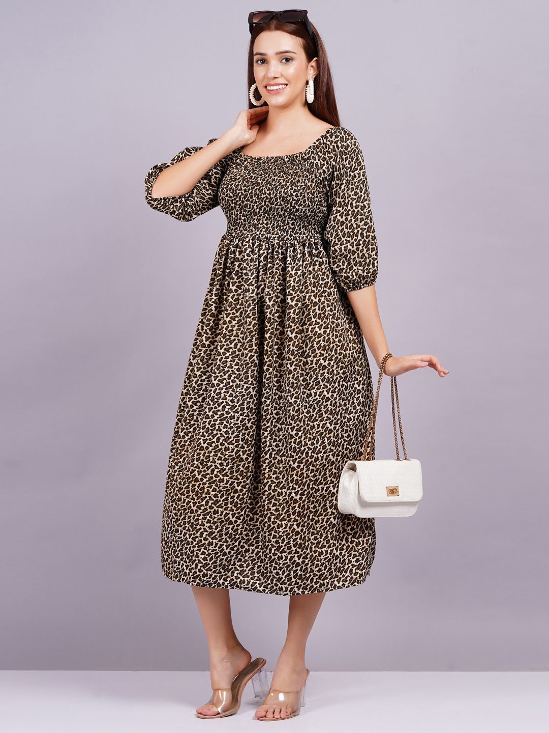 

KALINI Print Puff Sleeve Crepe Casual Fit & Flare Midi Dress, Brown