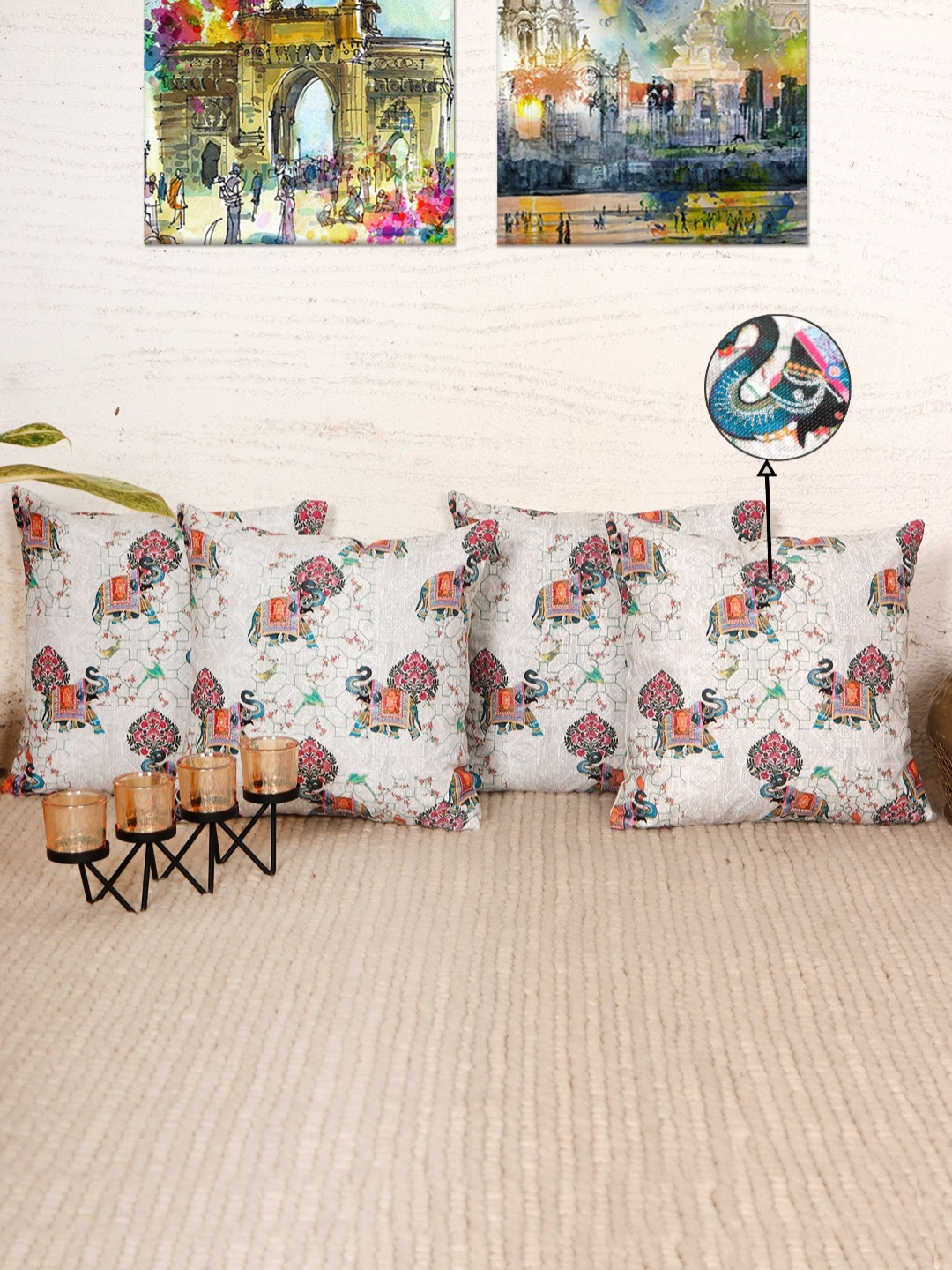 

ZEBA White & Blue Set of 4 Ethnic Motifs Square Cushion Covers