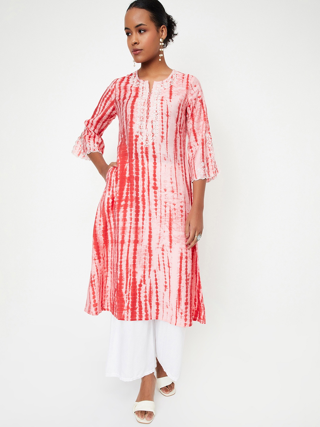 

max Shibori Printed Notch-Neck Embroidered Slit Sleeves Straight Kurta, Red