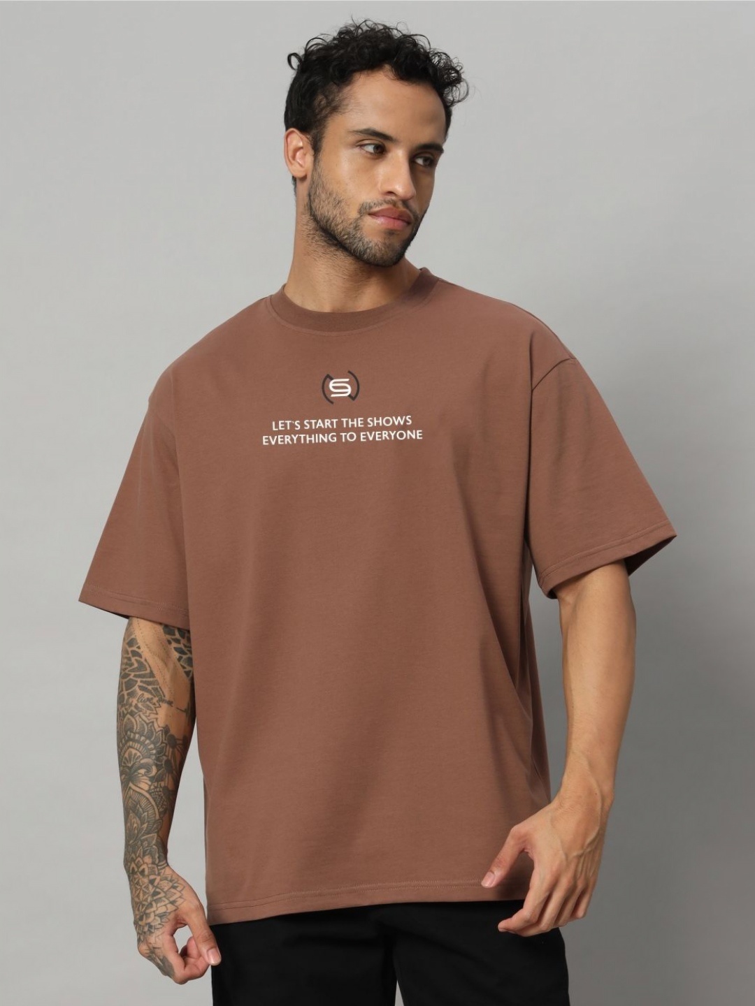 

SWAGNOX Men Typography Printed Round Neck Cotton Oversized T-shirt, Brown