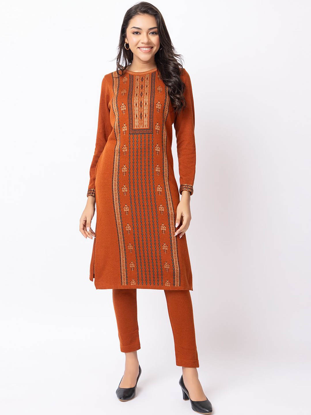 

KEIKO Floral Woven Design Round Neck Acrylic Jacquard Straight Kurta, Rust