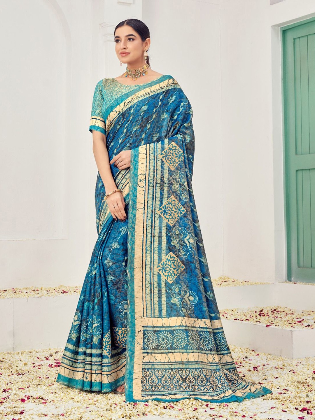 

JIVORA Abstract Printed Patchwork Pure Silk Saree, Blue