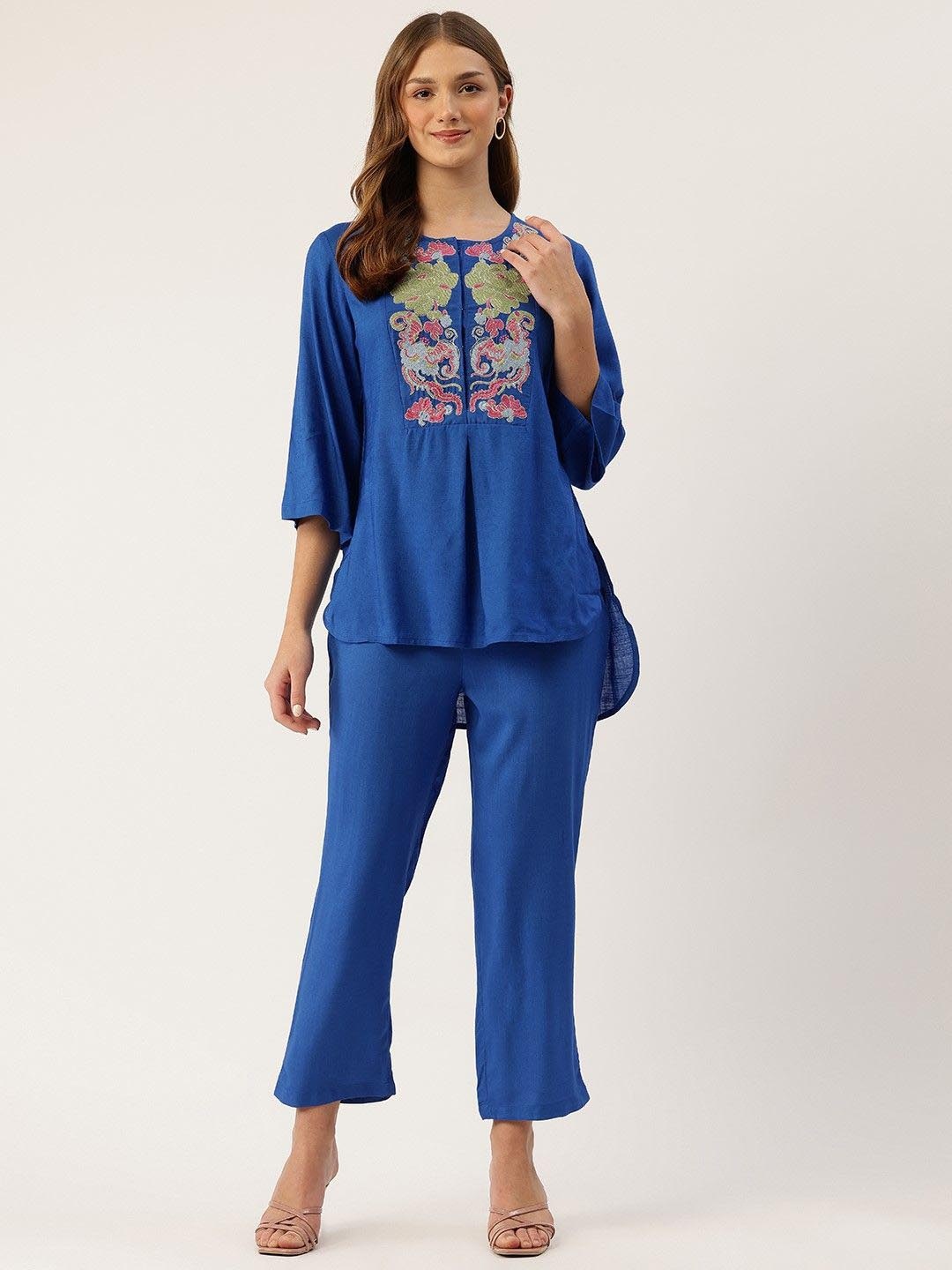 

AUTUMN LANE Women Embroidered Top With Trousers Co-Ords, Blue