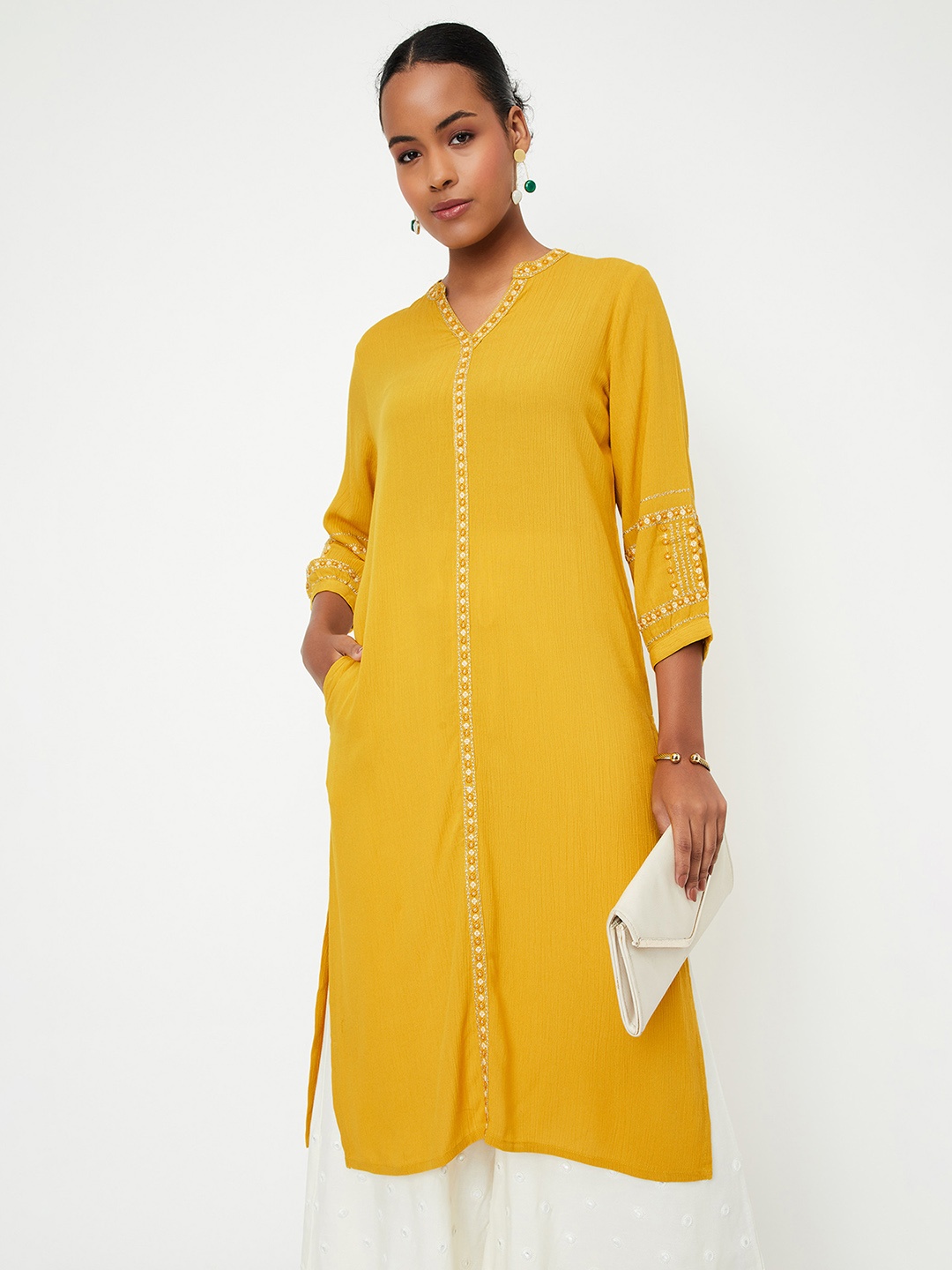 

max Geometric Embroidered Mandarin Collar Puff Sleeves Straight Kurta, Mustard