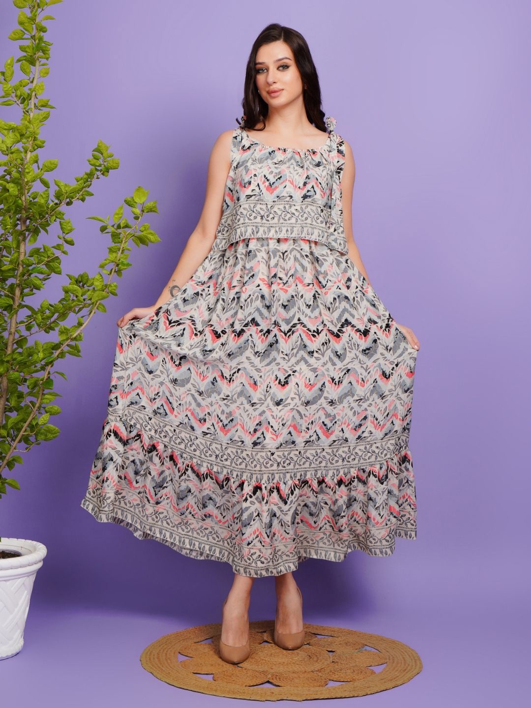 

Boholyfe Floral Print Tie-Up Neck Midi Dress, Grey
