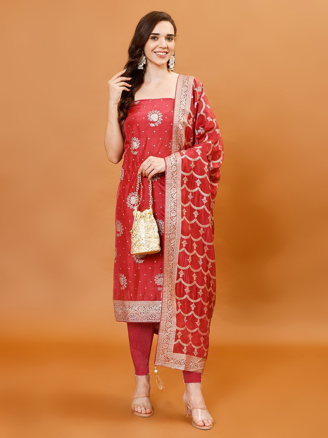 

Meena Bazaar Women Handloom Unstitched Dress Material, Red