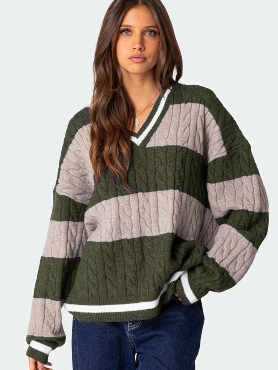 

LULU & SKY Women Cable Knit V-Neck Cotton Pullover Sweater, Green